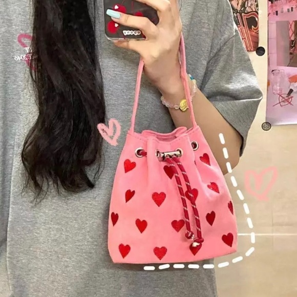 Kawaii Sweet Pink Heart Sharped Small Canvas Bucket Bag - Picture 2 of 9